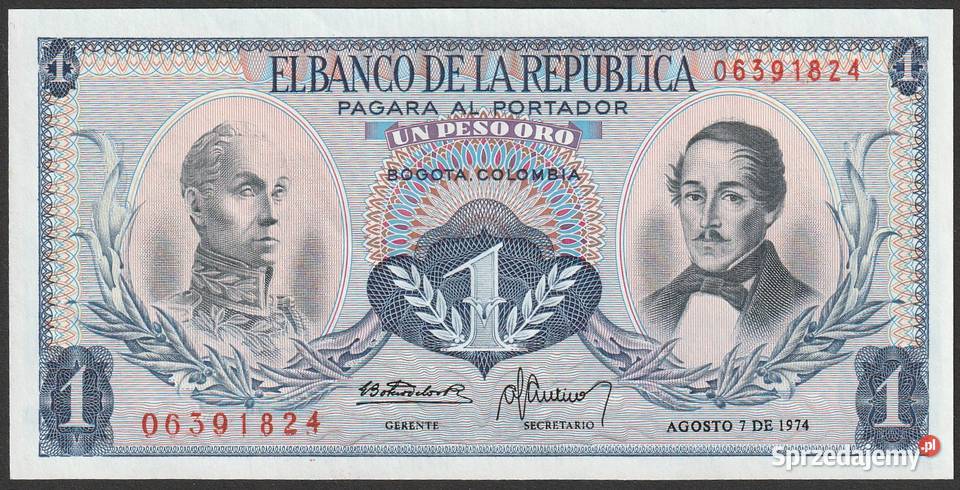 Kolumbia 1 peso 1974 STAN BANKOWY UNC Numizmatyka łódzkie Łódź