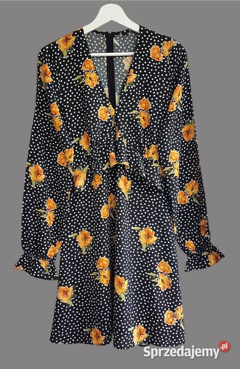 Damska sukienka czarna w kwiaty z długim rękawem żółty/złoty Chrzanów