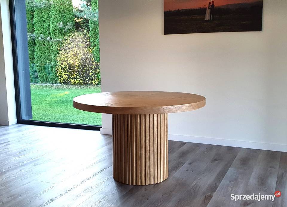 Nowoczesny stół dębowy okrągły rozkładany lamele Krosno