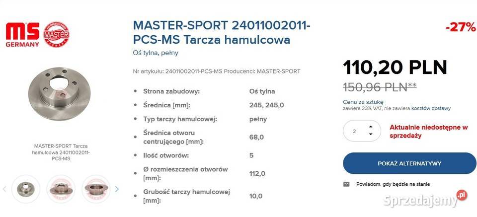 MasterSport Tarcza Hamulcowa Volkswagen Passat Dąbrowa Górnicza