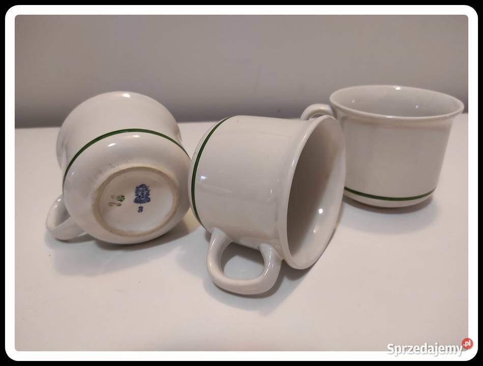 TUŁOWICE 3 filiżanki białe z zielonym paskiem