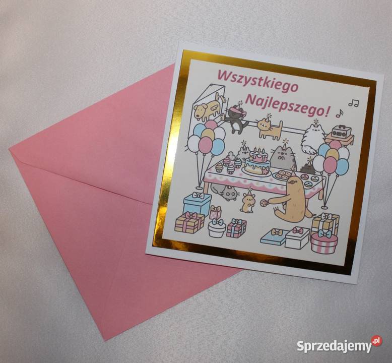 Kartki na urodziny kot Pusheen różowe i Stare Miasto