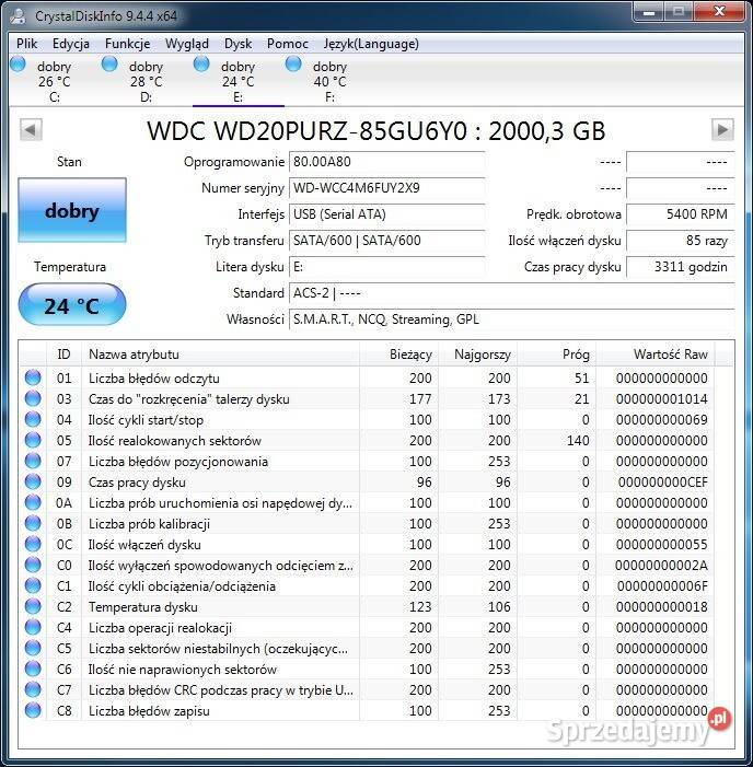 Dysk 2TB WD Purple WD20PURZ SATA 35 5400RPM do Tomaszów Lubelski sprzedam