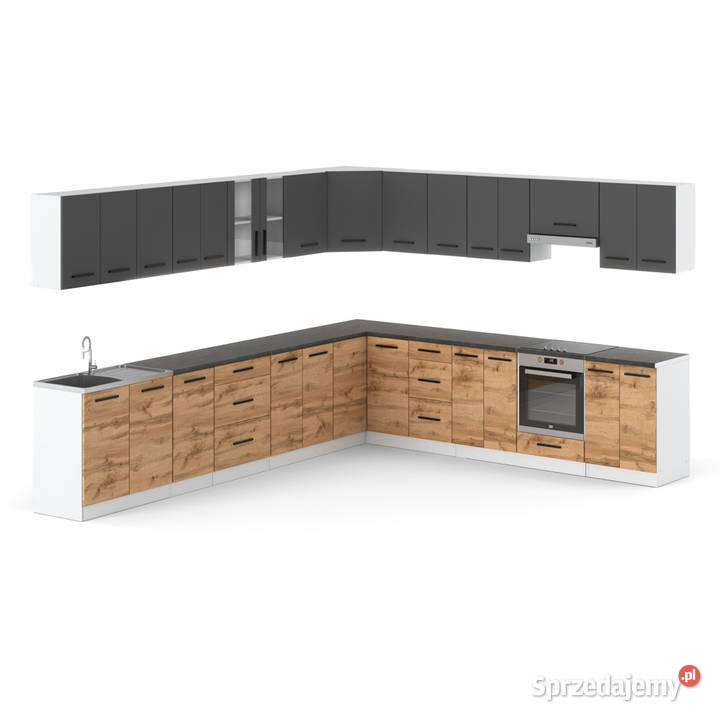 Meble Kuchenne Szare Z Drewnem Narożne Kuchnia Komplety mebli