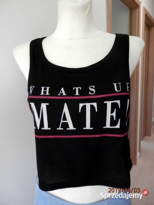 Bluzka Bershka Crop Top Krótki Czarny Z Napisem bez rękawa