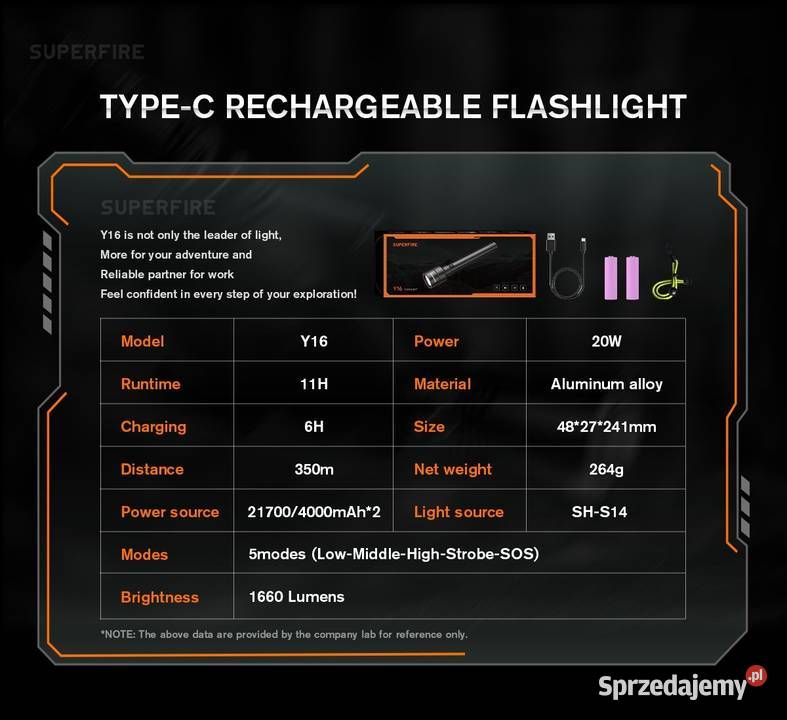 Taktyczna mocna latarka Super Fire Y16 moc 20W Latarki i oświetlenie