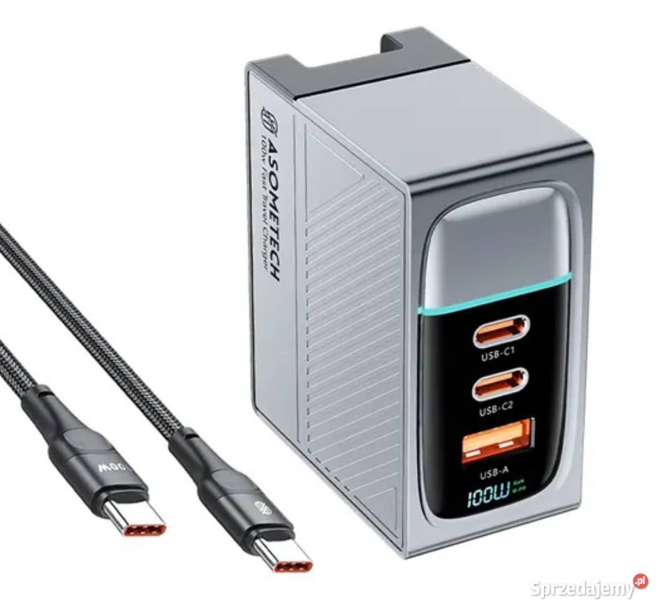 Ładowarka sieciowa zasilacz Asometech 100W GaN wyświetlacz USB 100W