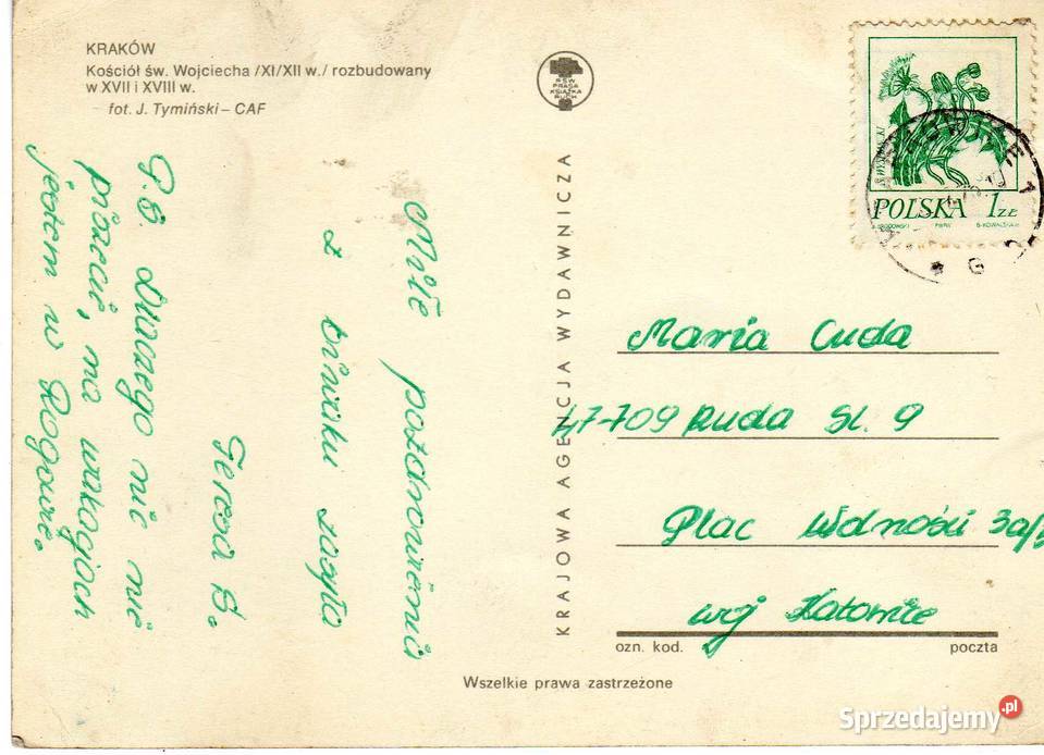 KRAKÓW KOŚCIÓŁ ŚW WOJCIECHA 1 Pocztówki i karty telefoniczne Krynki sprzedam