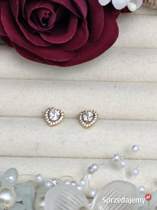 Złote kolczyki serduszka Pandora srebro