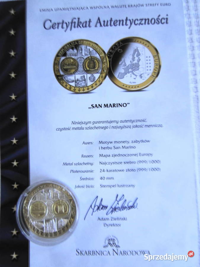 Numizmat San Marino srebro 999 pokryte 24 karat Numizmatyka Warszawa sprzedam