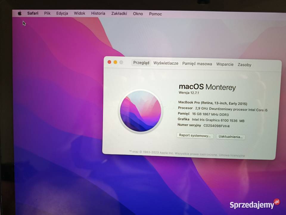 MacBook Pro 13 Retina A1502 16GB RAM Bateria 131 Liczba rdzeni 2 Olsztyn sprzedam