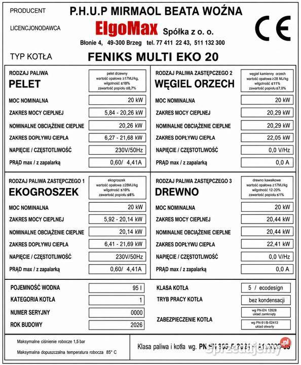 Kocioł piec co 5 klasa 20kW do 220m2 na pellet Olsztyn