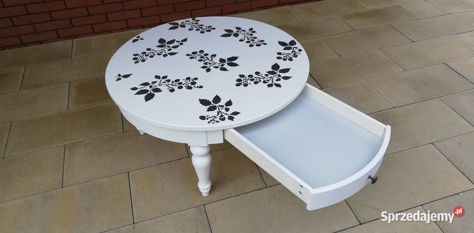 Stolik z szufladą okrągły biały kawowy stół Garwolin