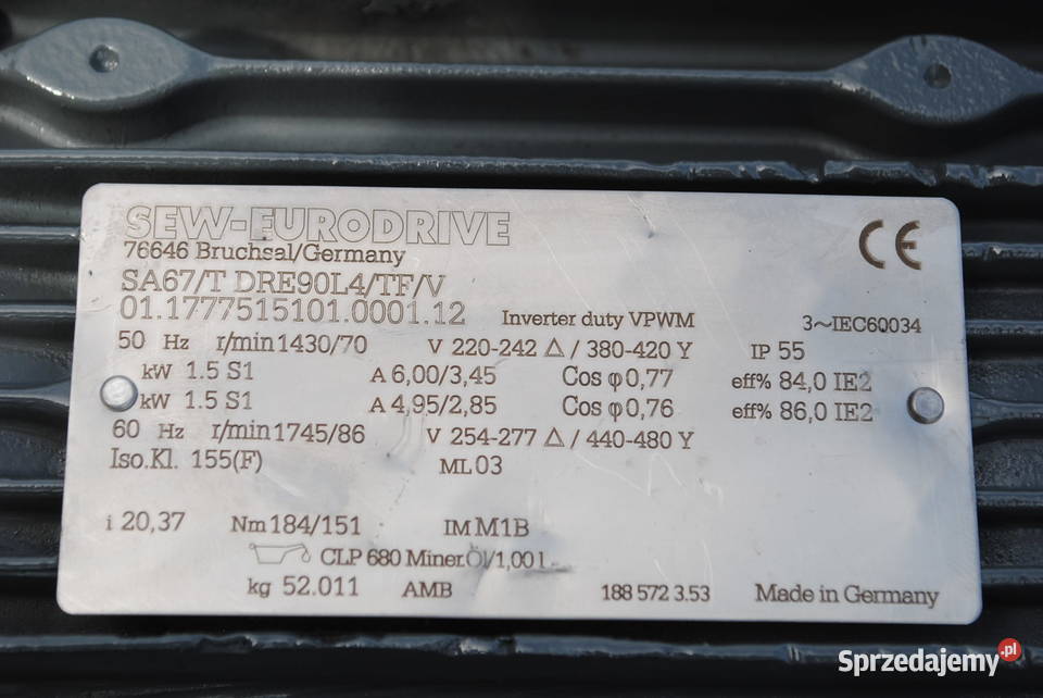 Motoreduktor kątowy 15kw 70obrmin firmy SEW Pozostałe Kargowa