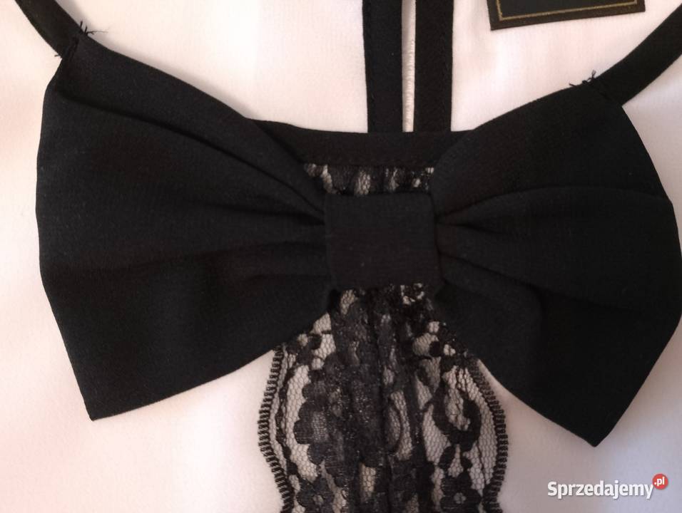 Biała BLUZKA z czarną koronką i kokardą długie Inny materiał Oborniki