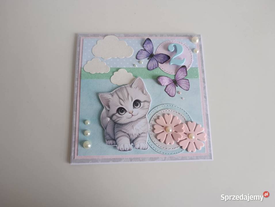 Kartka ręcznie robiona na urodziny kotek łódzkie Łódź