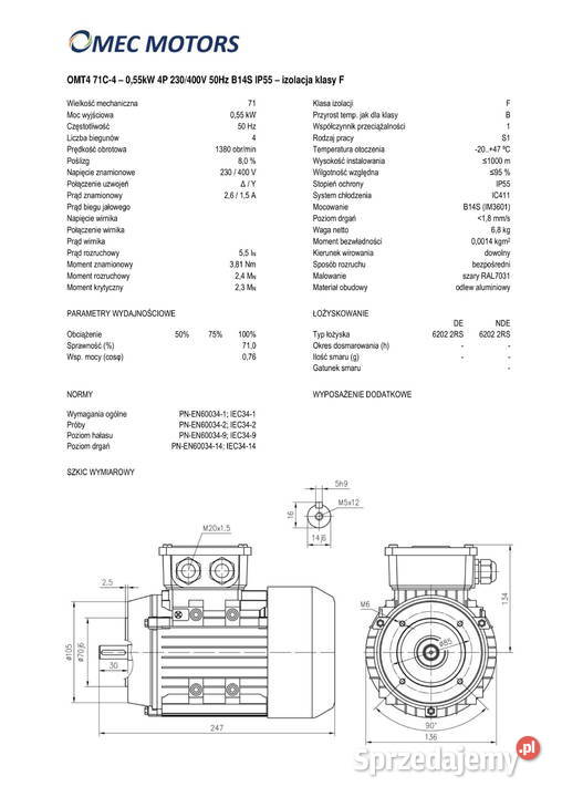 silnik elektryczny 055kW 1400obr 3fazowy 71B14 Pigża