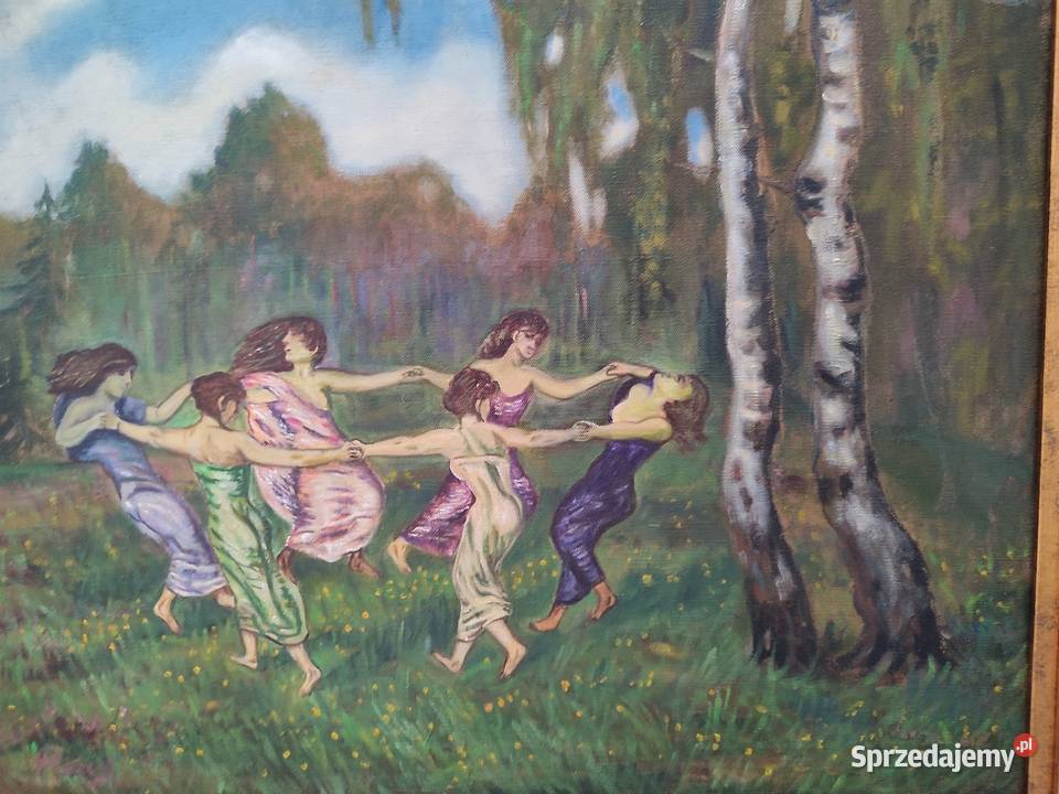 Piękny obraz scena rodzajowa sygnowany olejny na Łódź