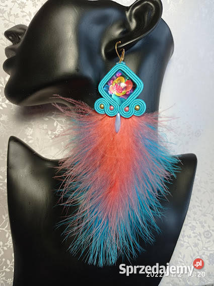 KOLCZYKI Z PIÓRAMI różowomorskie SUTASZ Warszawa