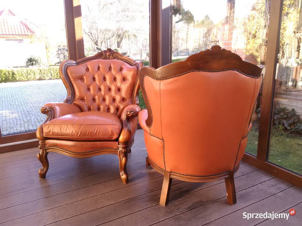 Fotele LudwikBarok Rzeźbione Skóra Antyk Stan Kluki