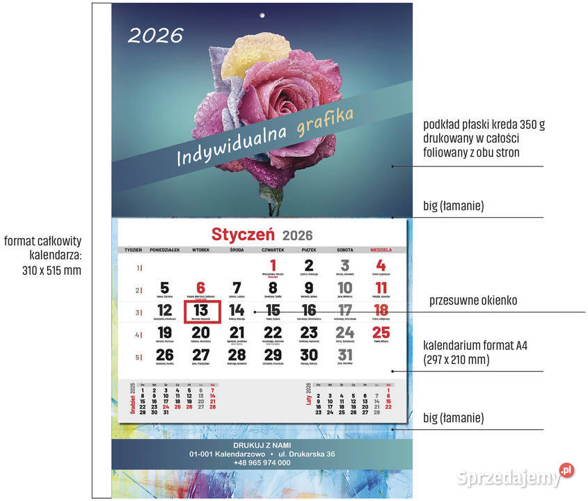 Kalendarz jednodzielny firmowy 2026 indywidualny Piła
