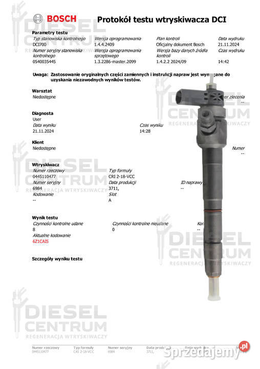 WTRYSKIWACZ Bosch 0445110477 komplet 4 Audi Seat Miszewo