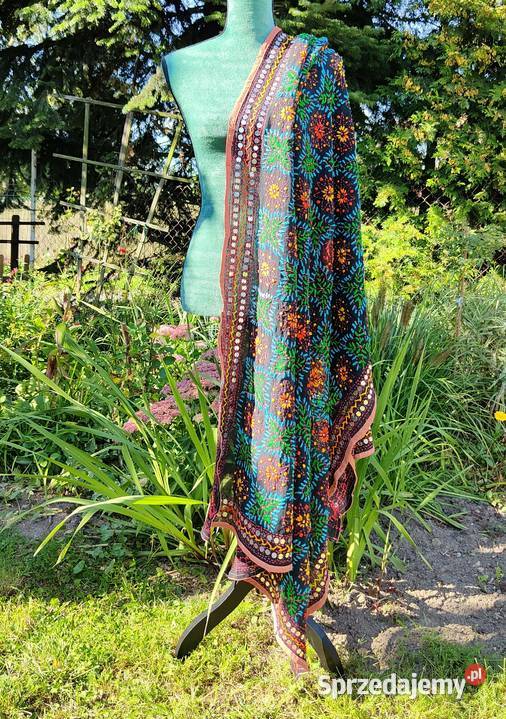 Duża chusta szal dupatta haftowana szyfon czarna Dla kobiet Szczecin