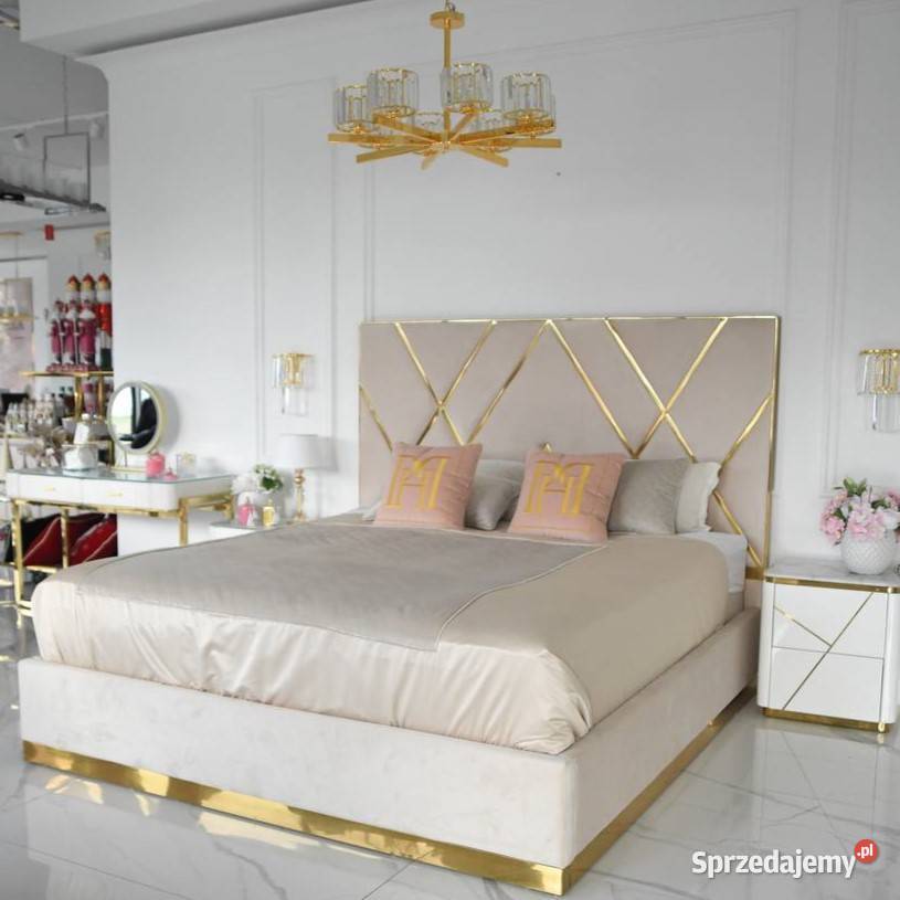 ŁÓŻKO IMPERIAL Glamour 180x200 Beż Welwet Złota 150cm Warszawa