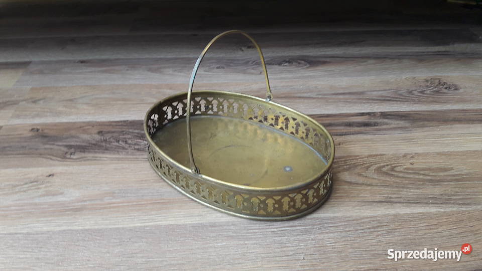 Stara mosiężna ażurowa patera z rączką mosiężny