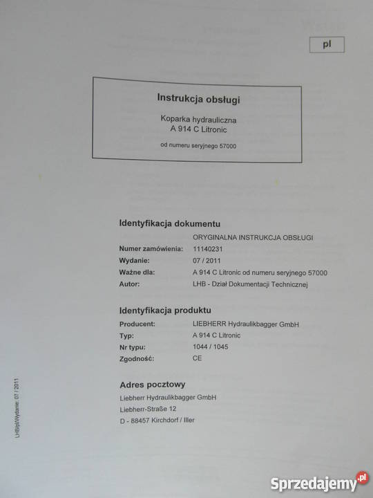 INSTRUKCJA OBSŁUGI DTR LIEBHERR A 914 i inne Rok wydania 2008 Pozostałe Szczecin sprzedam