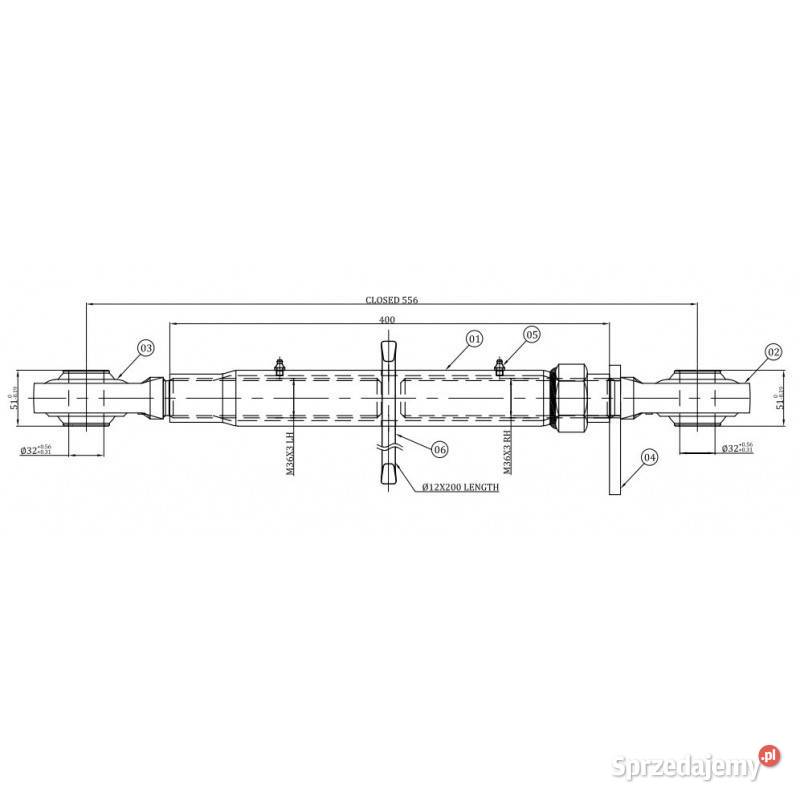 Łącznik centralny kat 3 36x3 długość rury 400 mm