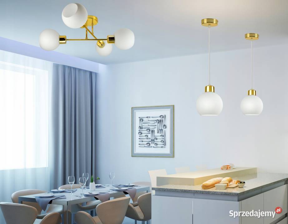 Lampa Wisząca Żyrandol Plafon Złoty Kule Biały Oświetlenie Choroszcz