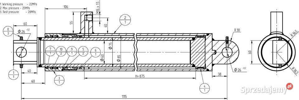 SIŁOWNIK HYDRAULICZNY SMN1HF 75x875 3879 nieuszkodzony Solec Kujawski