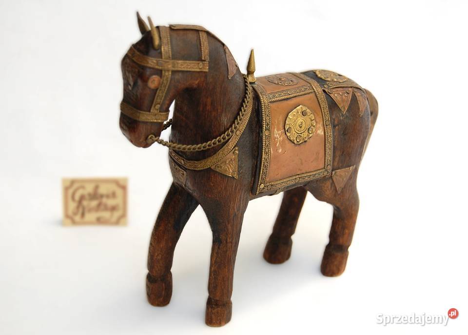 Koń indyjski mahoń mosiądz rzeźba drewniana Lublin