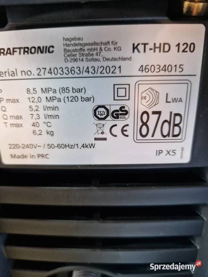 Myjka wysokociśnieniowa Kraftronic KTHD 120 z wielkopolskie Głogowa sprzedam
