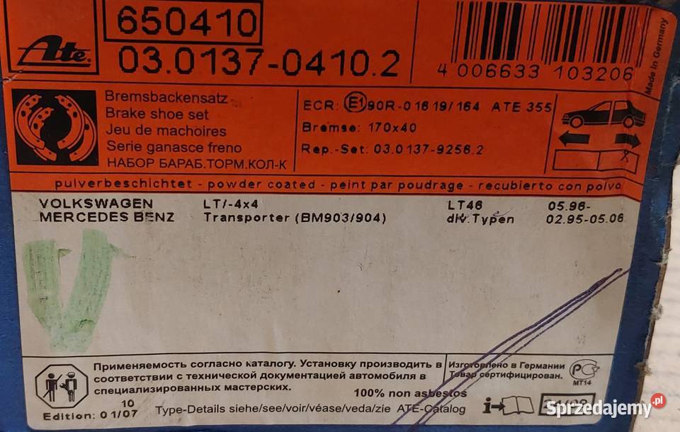 ATE SZCZĘKI HAMULCOWE MERCEDES SPRINTER 9506 VW dolnośląskie Mielęcin