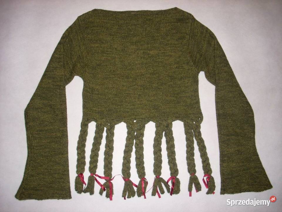 Lost Girl Sweter Oliwkowy Frędzle 36 38 vintage Swetry i golfy