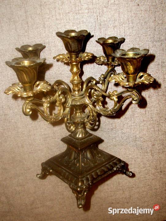 ŚwiecznikKandelabr 5 ramienny mosiężny Antyki, Sztuka, Kolekcje