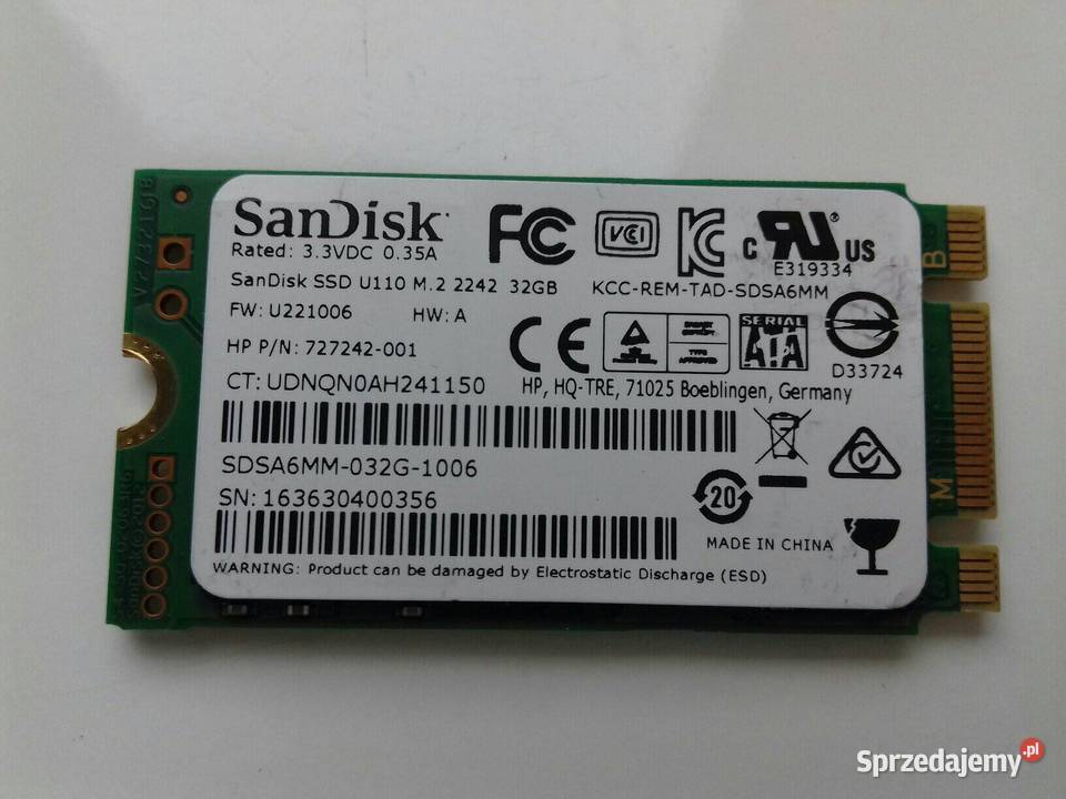 Dysk SSD 32GB M2 SATA SanDisk U110 2242 33V 035A Pojemność < 80 Bydgoszcz