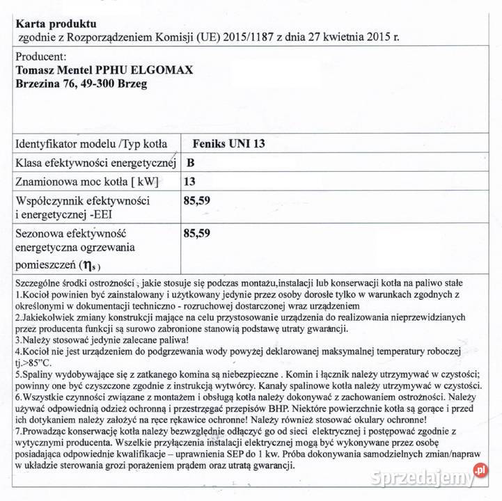 Kocioł węglowy FENIKS UNI 5 Klasa bez podajnika węgiel Sosnowiec sprzedam
