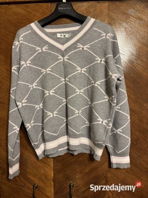 Sweter damski ML szary z różem w kokardki w Częstochowa sprzedam