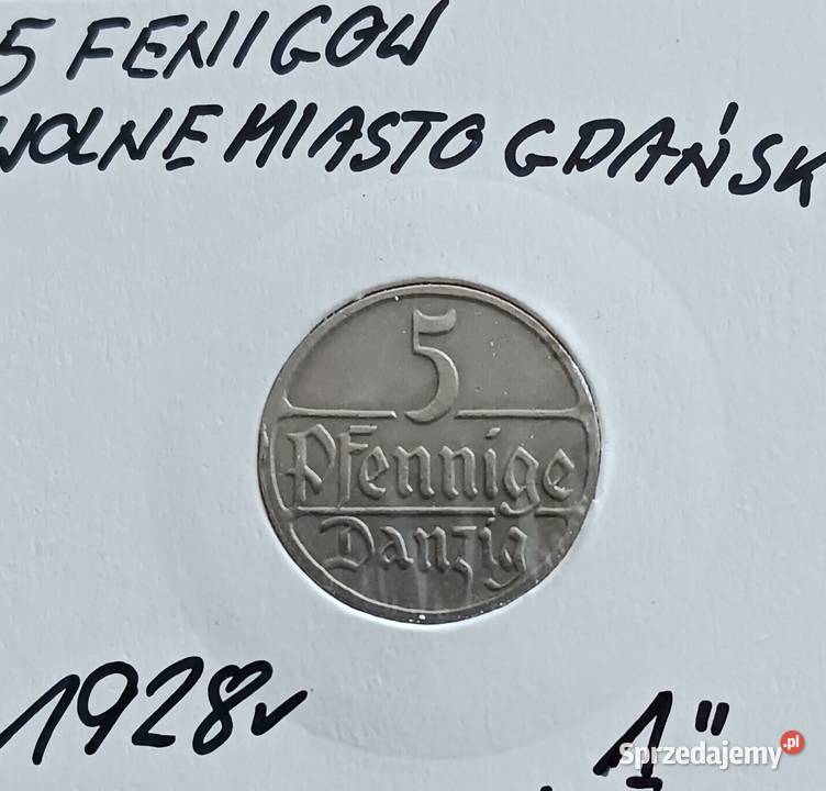 5 Fenigów Wolne Miasto Gdańsk 1928 r Rzadkość Numizmatyka Konin sprzedam