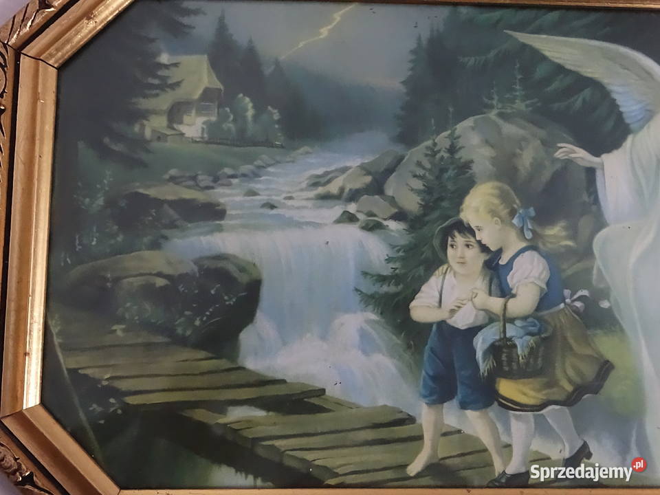 Klasyczny Obraz Anioł Stróż w złotej ramie 40x23 Biłgoraj