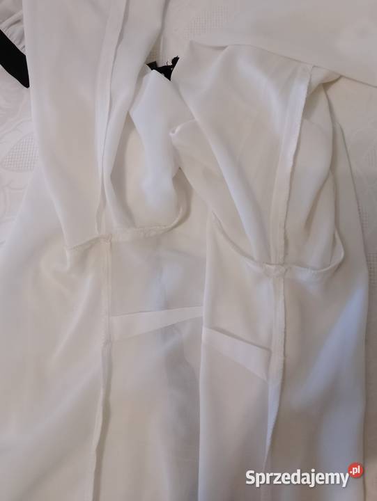 Biała BLUZKA z czarną koronką i kokardą długie Bluzki i koszule wielkopolskie Oborniki