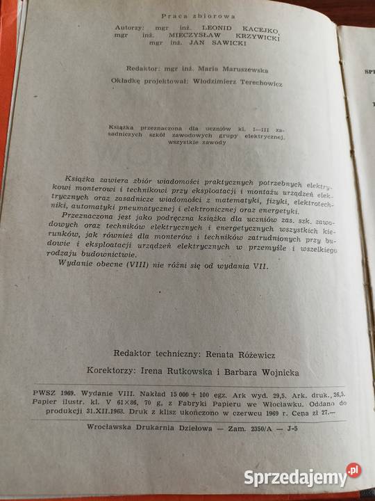 Poradnik elektryków KAcejko Krzywicki Sawicki Rok wydania 1969 Kłodzko
