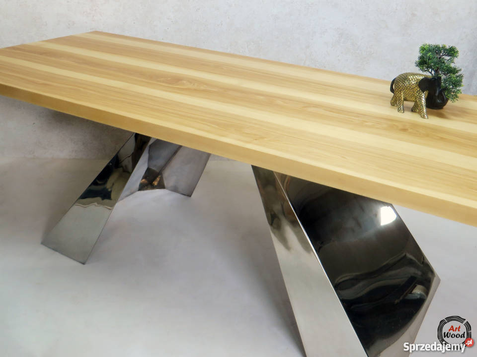 Stół jesionowy z podstawą ze stali nierdzewnej