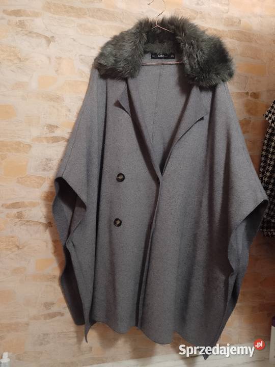 36S ZARA Płaszcz dzianinowy z futrzanym Bez wzoru