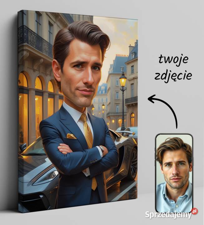 Obraz Portret na płótnie karykatura z samochodem Warszawa sprzedam