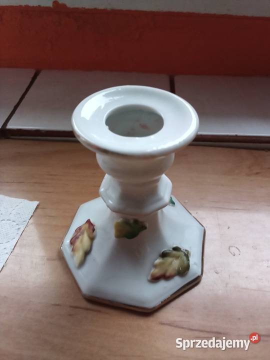 Prl świecznik porcelana liście sygnowany biały Łódź