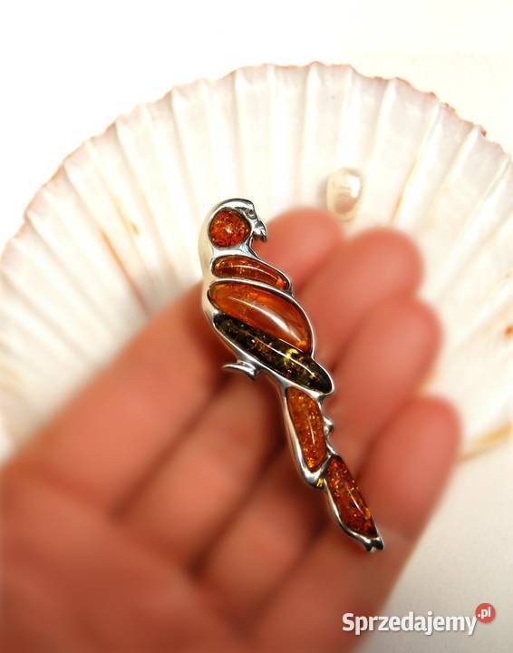 Broszka witrażowa papuga bursztyn bałtycki Biżuteria Lublin